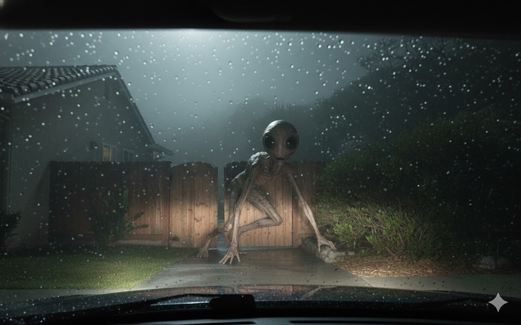A tall, leathery Grey alien entity with elongated limbs caught in car headlights near a side gate in Laguna Niguel, California.
