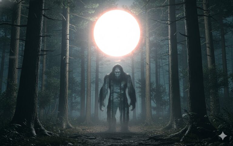 A large, glowing white orb hovering in a dark forest above a 7ft Bigfoot creature exhibiting a partial "Predator-style" cloaking effect in Wood County, West Virginia.