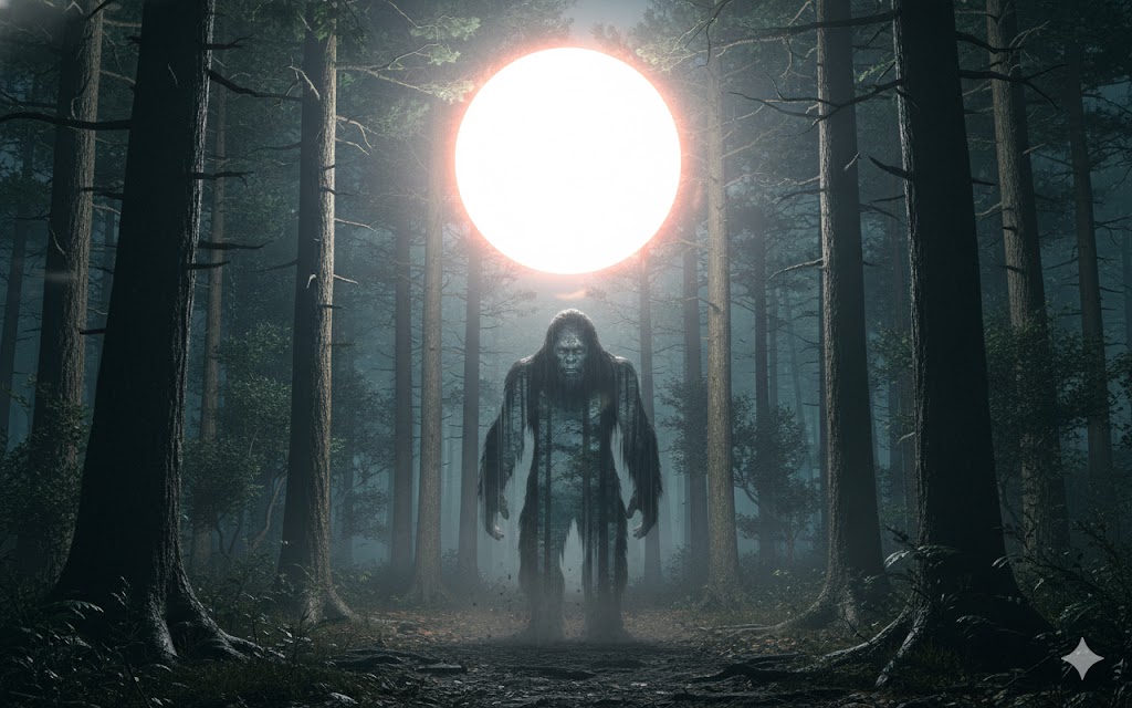 A large, glowing white orb hovering in a dark forest above a 7ft Bigfoot creature exhibiting a partial "Predator-style" cloaking effect in Wood County, West Virginia.