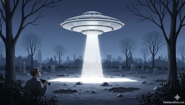 Digital illustration of a disc-shaped UFO hovering over a suburban landscape at night, emitting a bright white beam of light toward the ground, matching the 1967 Edmonton cemetery sighting description.