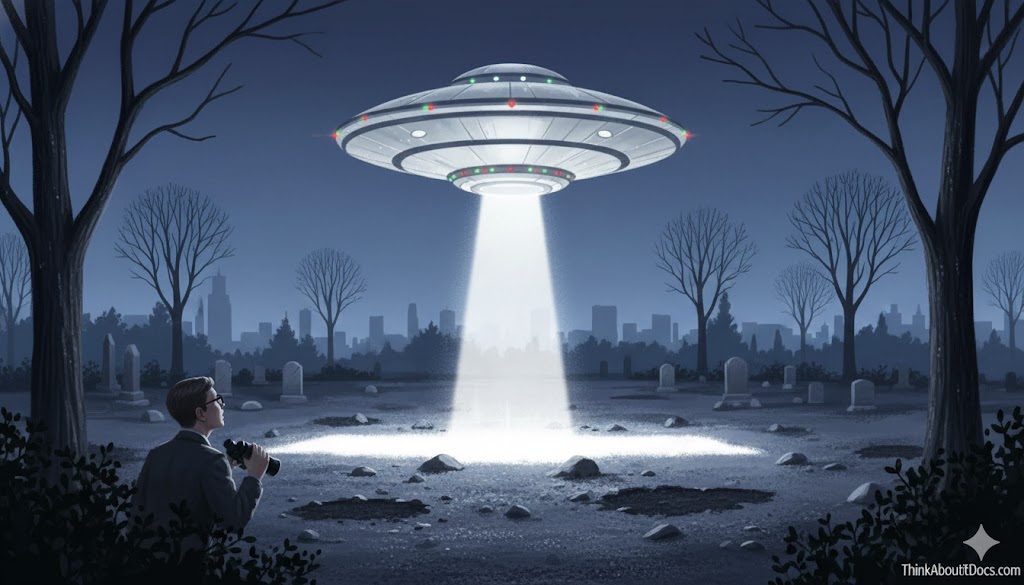 Digital illustration of a disc-shaped UFO hovering over a suburban landscape at night, emitting a bright white beam of light toward the ground, matching the 1967 Edmonton cemetery sighting description.