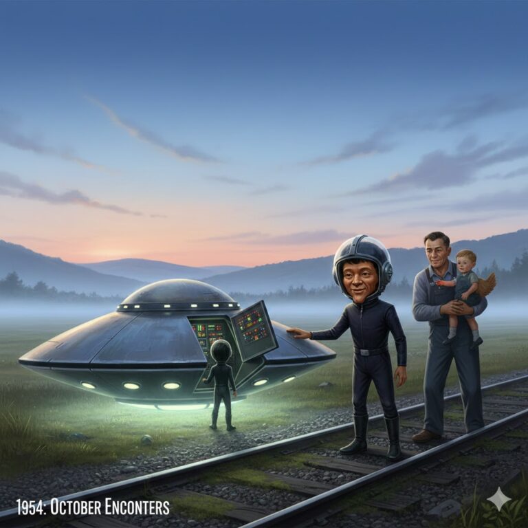 Illustration of a 1954 UFO landing on railroad tracks with humanoids and witnesses.