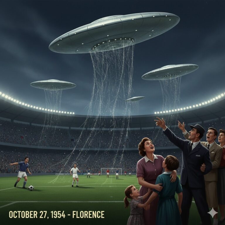 Digital illustration of cigar-shaped UFOs hovering over the Stadio Artemio Franchi in Florence, Italy, 1954, dropping spider-web-like material over spectators.