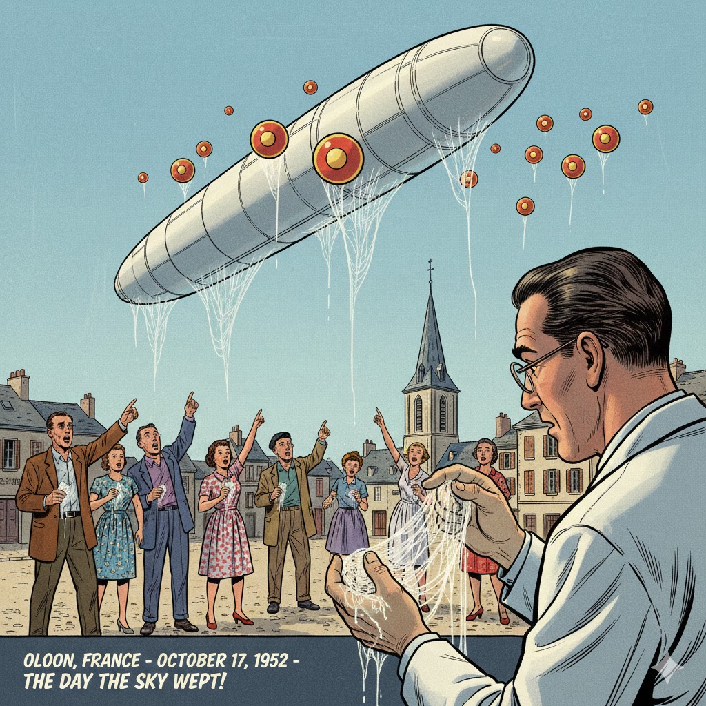 Artist's depiction of the Oloron, France 1952 UFO sighting showing a large cigar-shaped craft and smaller spheres releasing 'angel hair' fibers over a town square.
