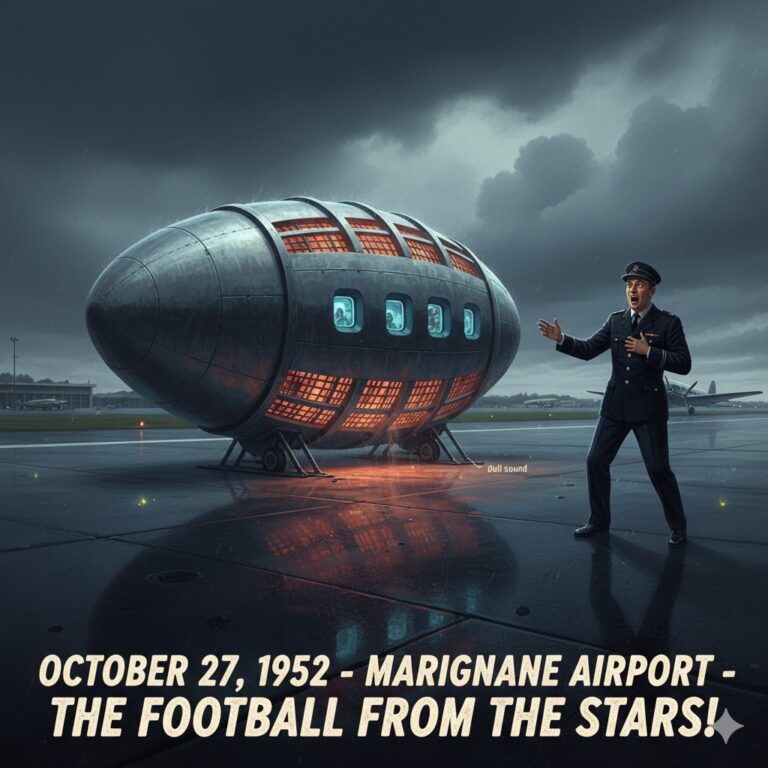 Artist's depiction of the October 27, 1952, Marignane Airport sighting, showing a metallic football-shaped craft with windows and grillwork on a rainy runway.