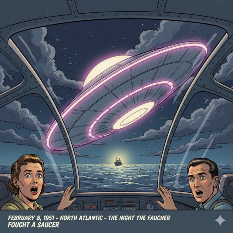 Illustration of a 1951 North Atlantic UFO sighting from the cockpit of a Navy R5D transport, showing a large saucer with a purple-red fiery ring.