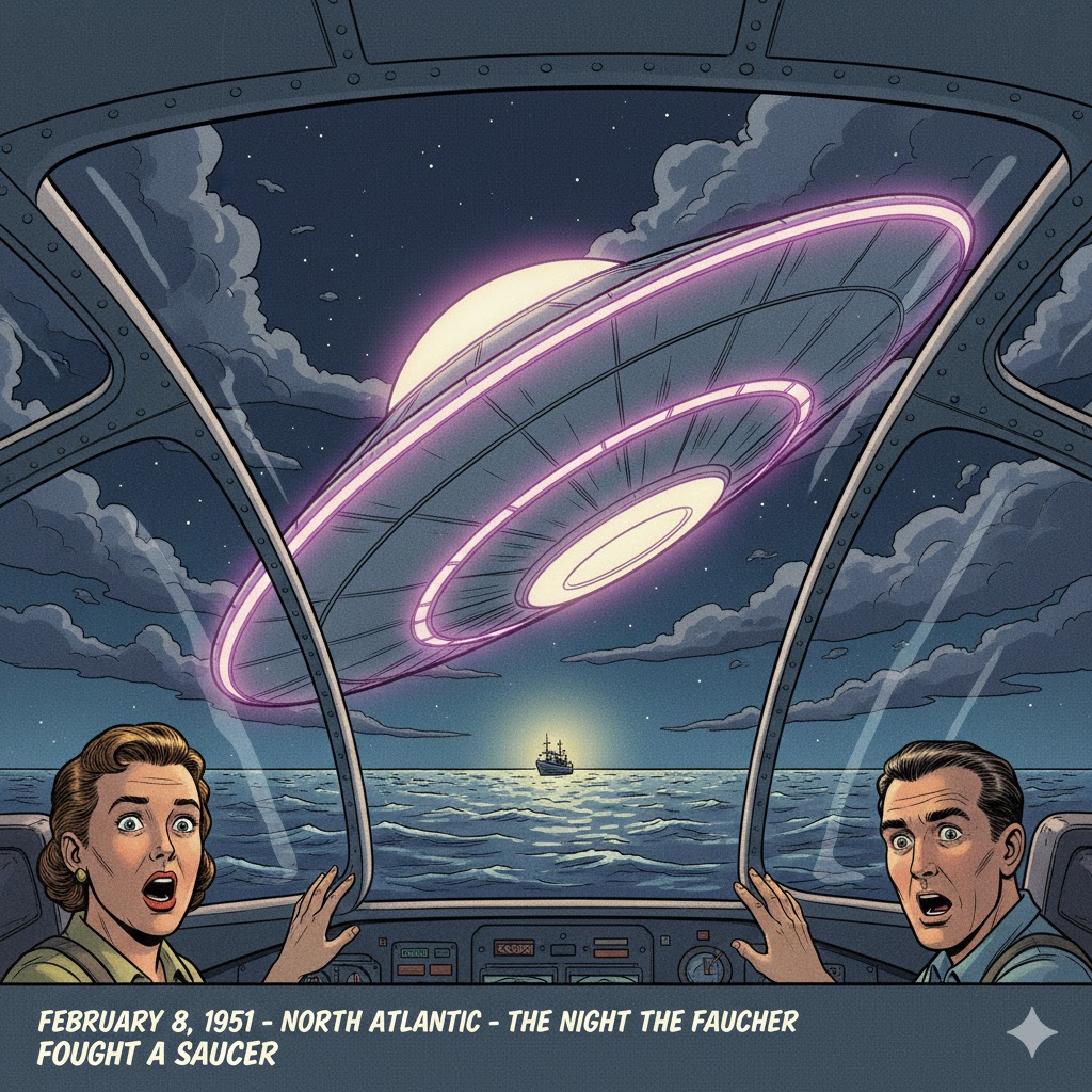 Illustration of a 1951 North Atlantic UFO sighting from the cockpit of a Navy R5D transport, showing a large saucer with a purple-red fiery ring.
