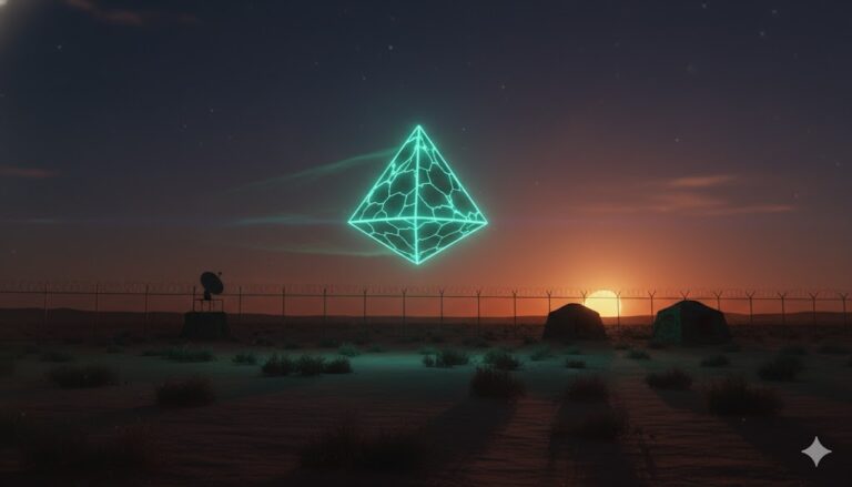 Artistic rendering of a UAP over the New Mexico desert, representing the July 2022 Roswell 75th Anniversary sightings.