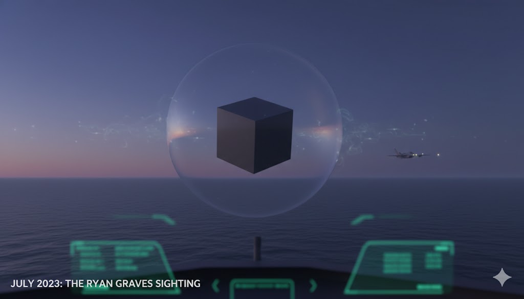 Artistic rendering of a Ryan Graves UAP sighting: a dark grey cube inside a transparent sphere over the ocean, July 2023.