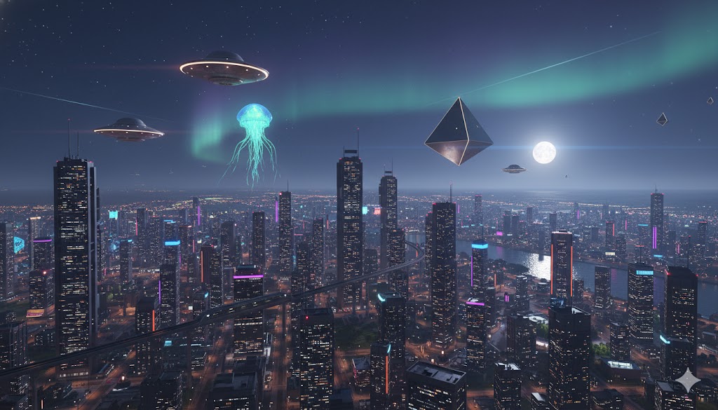Artistic rendering of a jellyfish UAP, glowing orbs, and a geometric pyramid craft over a futuristic cityscape during the July 2024 sightings surge.