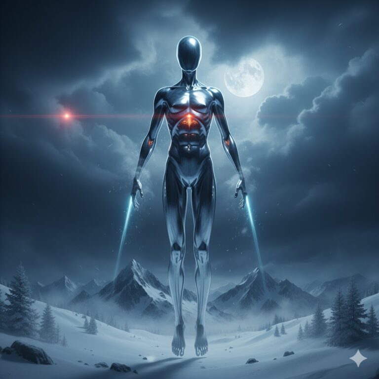 Artistic rendering of a metallic humanoid UAP hovering in the clouds over a snowy mountain range, January 2025.