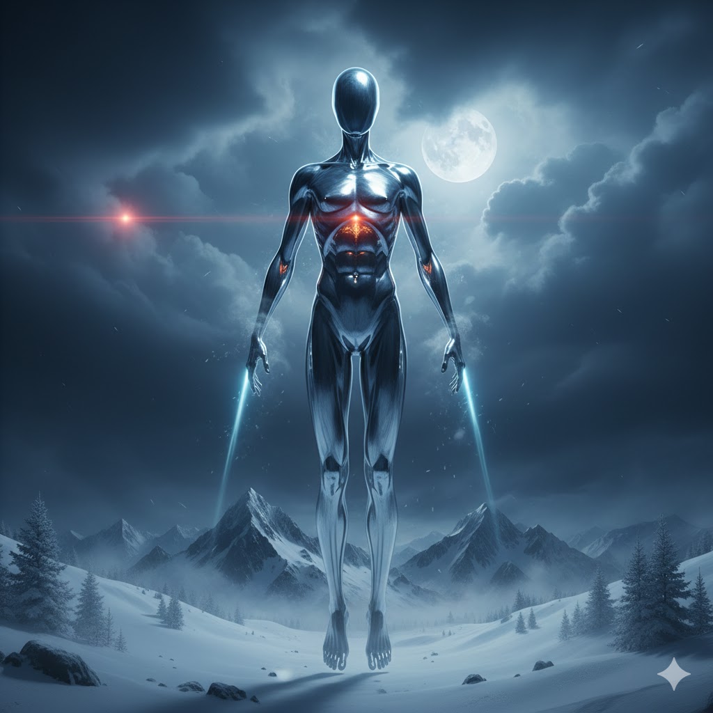 Artistic rendering of a metallic humanoid UAP hovering in the clouds over a snowy mountain range, January 2025.