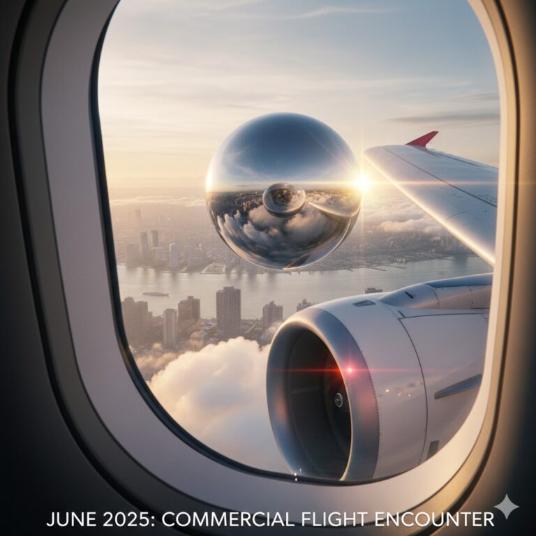 Commercial airline passenger view of a metallic sphere UAP over a city, reflecting June 2025 sighting reports.