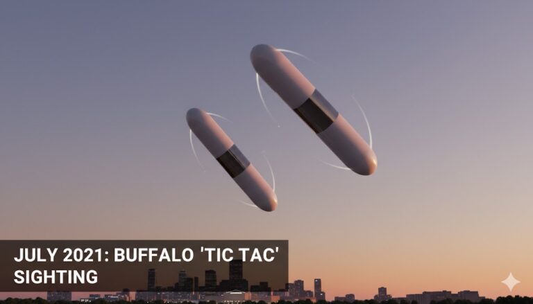 Artistic rendering of two reflective Tic Tac-shaped UAPs rotating in a diagonal formation over Buffalo, New York, July 2021