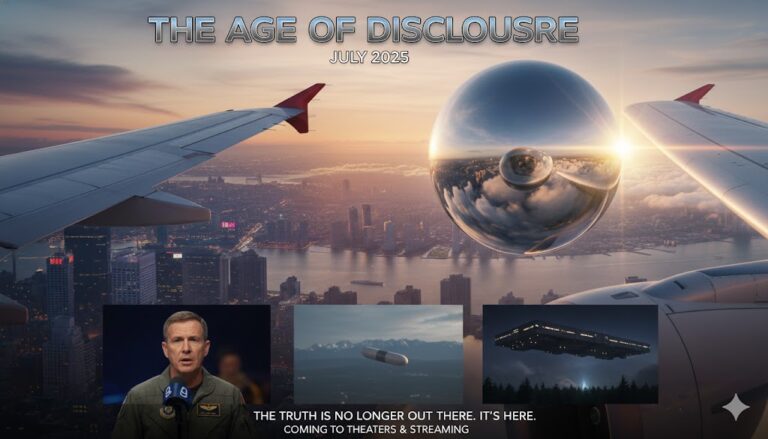 Commercial airline passenger view of a shiny metallic sphere UAP over New York City, referencing July 2025 sighting reports and "The Age of Disclosure" documentary.