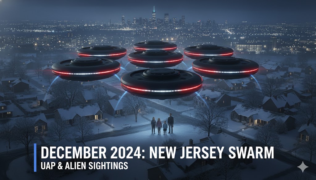 Artistic rendering of a swarm of car-sized drones with glowing lights over a New Jersey residential neighborhood in December 2024.