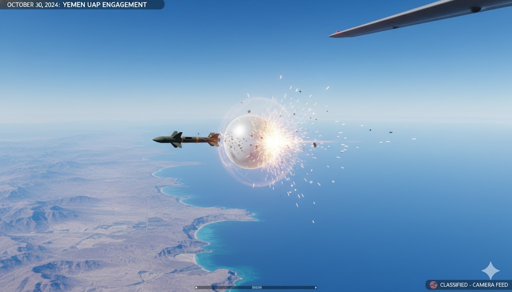 Declassified MQ-9 Reaper drone footage showing a Hellfire missile deflecting off a glowing orb UAP near Yemen, October 2024.