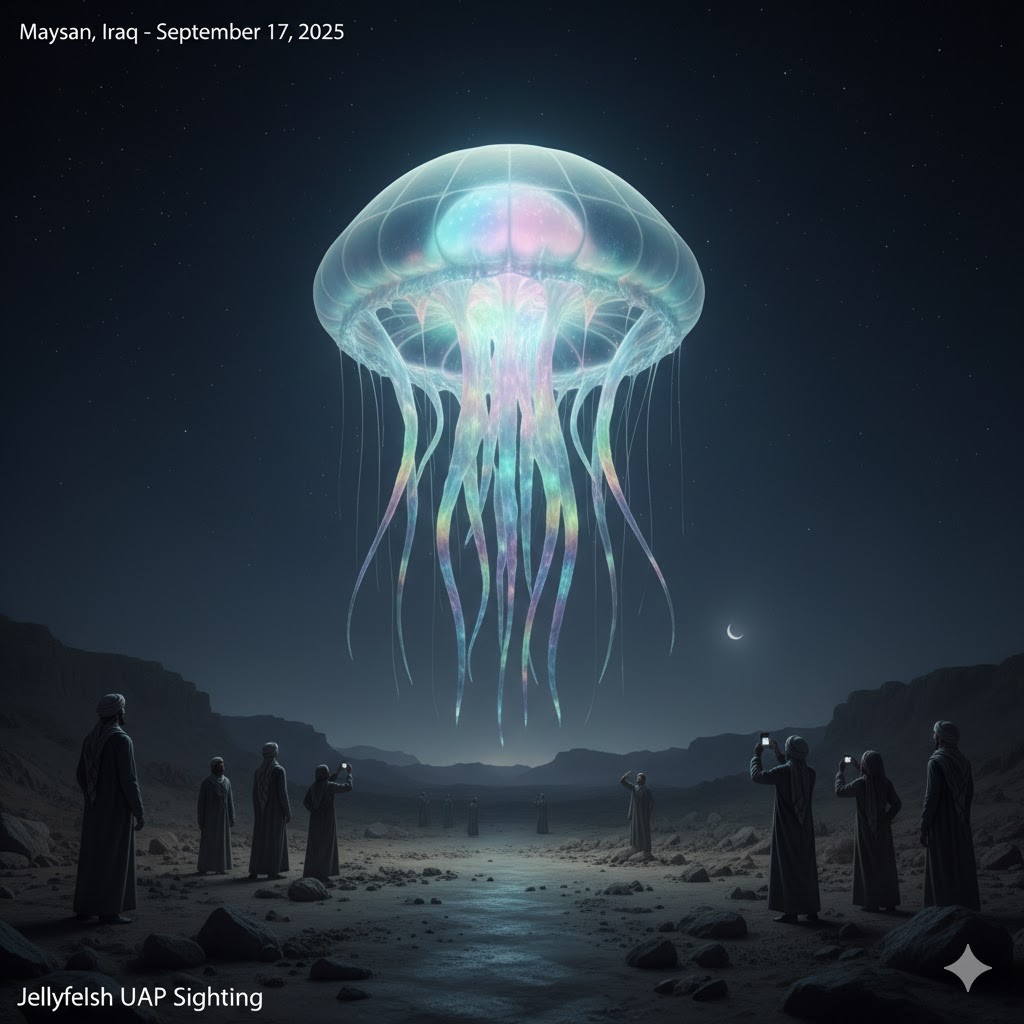 Artistic rendering of a translucent Jellyfish-shaped UAP with glowing appendages hovering over an Iraqi landscape, September 2025.