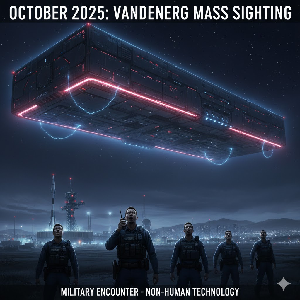 Digital rendering of a massive rectangular UAP hovering over Vandenberg Space Force Base, witnessed by security personnel in October 2025.