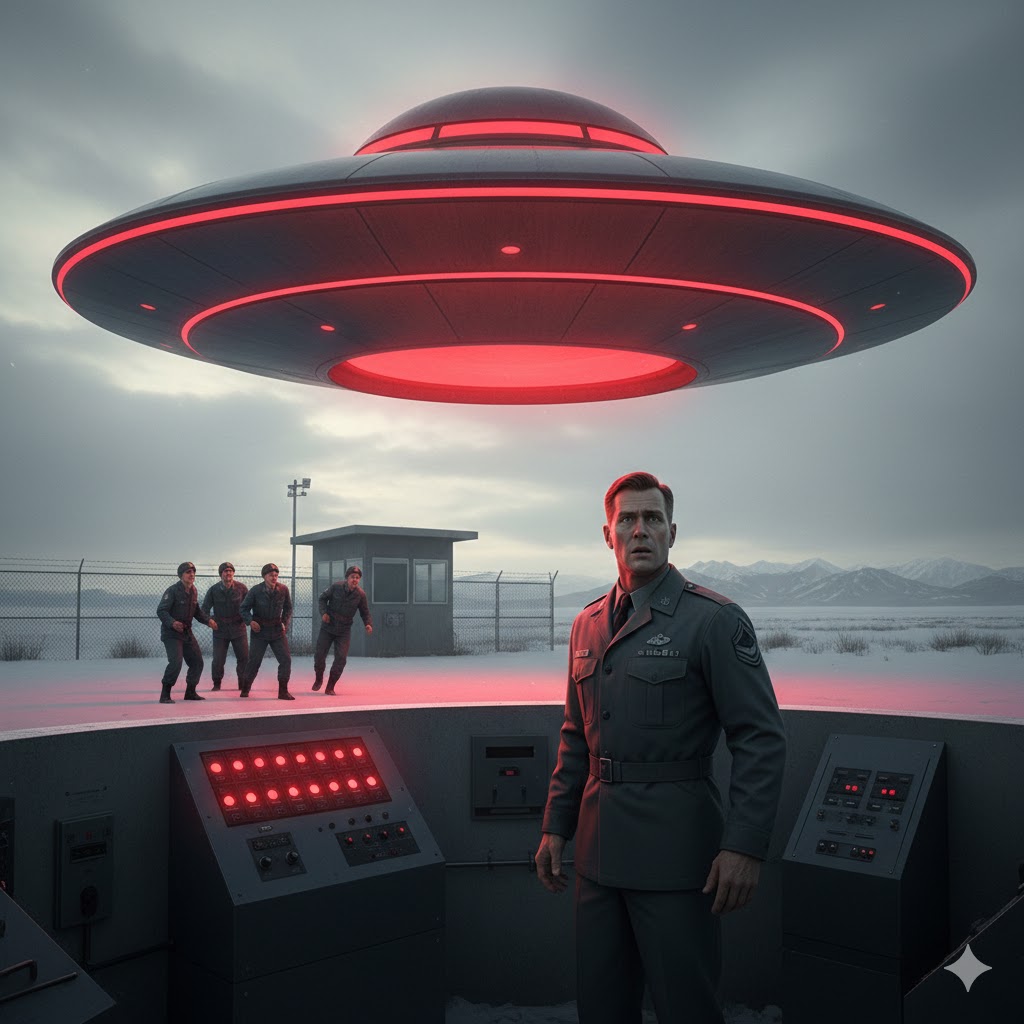 Illustration of a glowing red saucer-shaped UFO hovering over the front gate of a Minuteman nuclear missile launch facility at Malmstrom AFB in 1967.