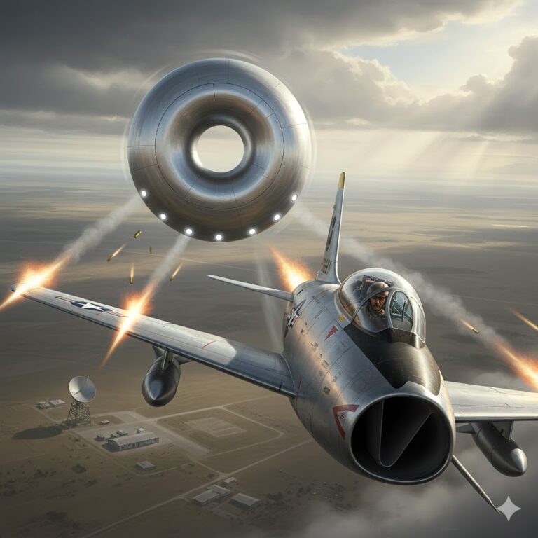 Illustration of a 1952 USAF F-86 Sabre jet intercepting a metallic doughnut-shaped UFO over a sparsely populated airfield in the United States.