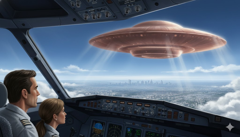 Illustration of a reddish-brown, lens-shaped UFO with fuzzy edges hovering over the Paris region as seen from the cockpit of an Air France Airbus A320 in 1994.
