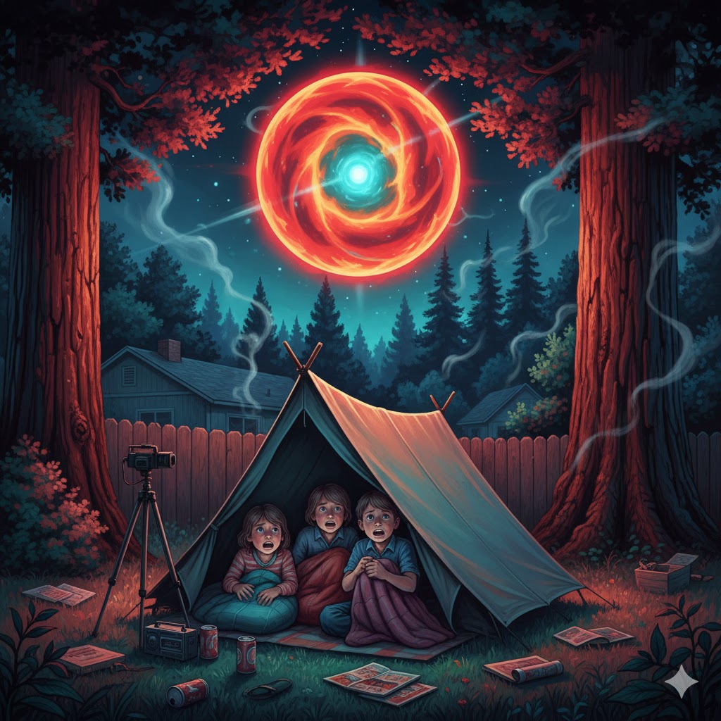 Illustration of a red and blueish-green glowing ball of fire UFO hovering below the treetops near a backyard tent in Redwood Valley, California, 1985.