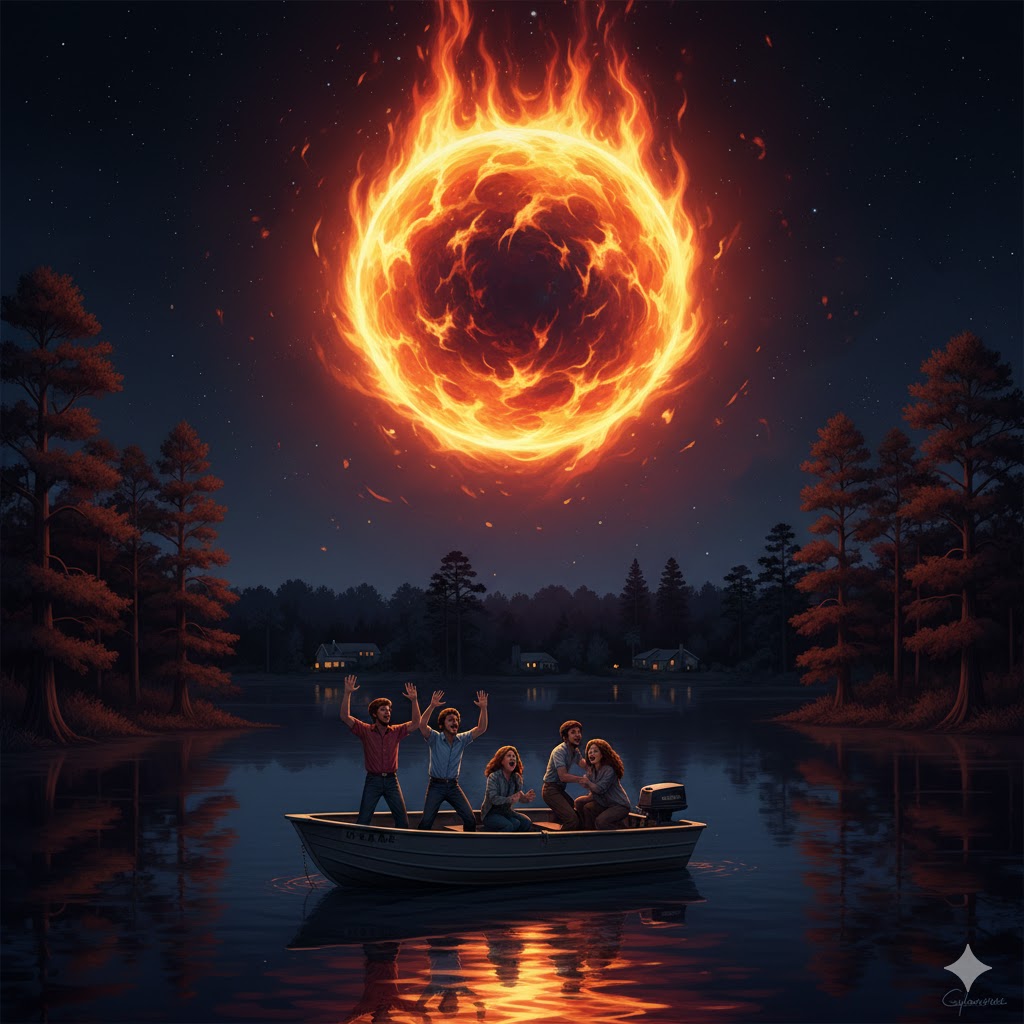 Illustration of a flaming orange and red ball of fire UFO hovering directly over a small fishing boat with four witnesses on Bear Lake, Florida, at night in 1983.