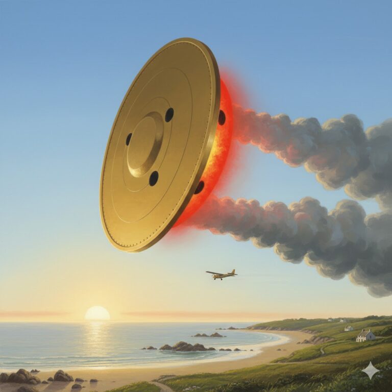 Illustration of a circular golden UFO hovering on its edge over Grandes Rocques, Guernsey, emitting a thick grey substance from its sides in the early morning light of 1978