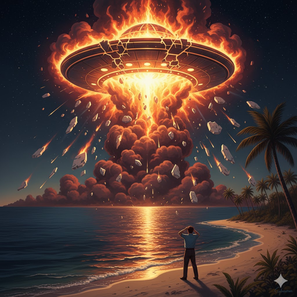 Dramatic illustration of a flying disk exploding over Toninha's Beach in Ubatuba, Brazil, 1957, with metallic magnesium fragments raining down toward a witness.