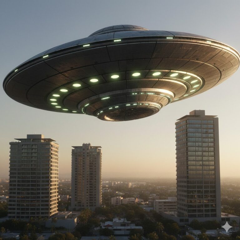 Illustration of a large, metallic, rotating UFO disk with yellow lights hovering over high-rise buildings in the Bosque de las Lomas district of Mexico City, 1997.