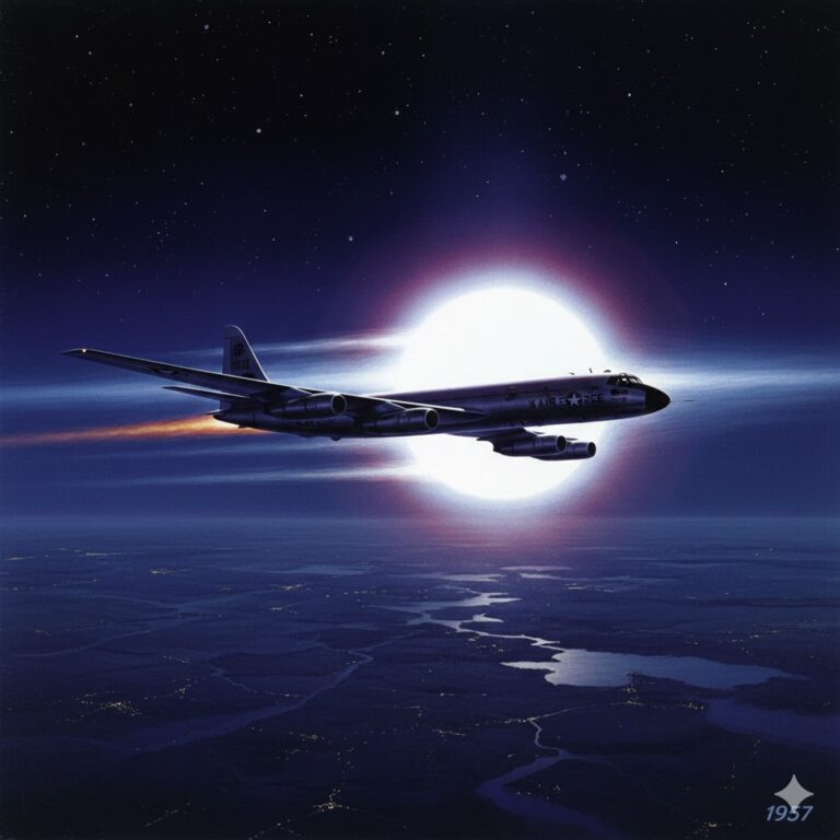 Illustration of an Air Force RB-47 aircraft being followed by an intense white luminous UFO over the southern United States at night in 1957.