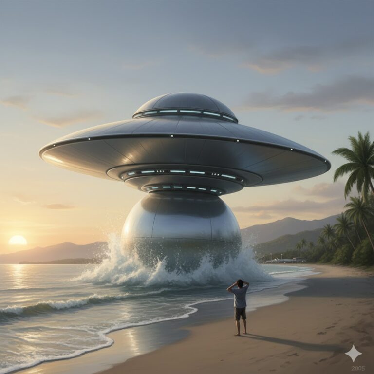 Illustration of a metallic grey UFO with a curved top and a large ball-like bottom emerging from the water at a beach in Kota Kinabalu, Malaysia, at dawn.