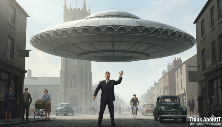 1959 Milford Haven UFO illustration showing a 150-foot scalloped disc over the Welsh town