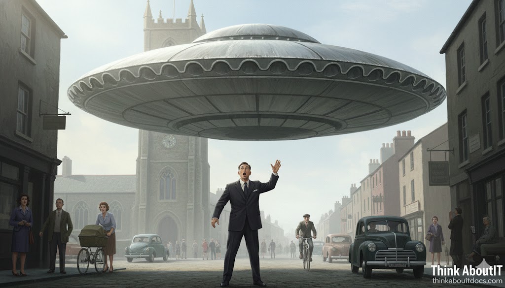 1959 Milford Haven UFO illustration showing a 150-foot scalloped disc over the Welsh town