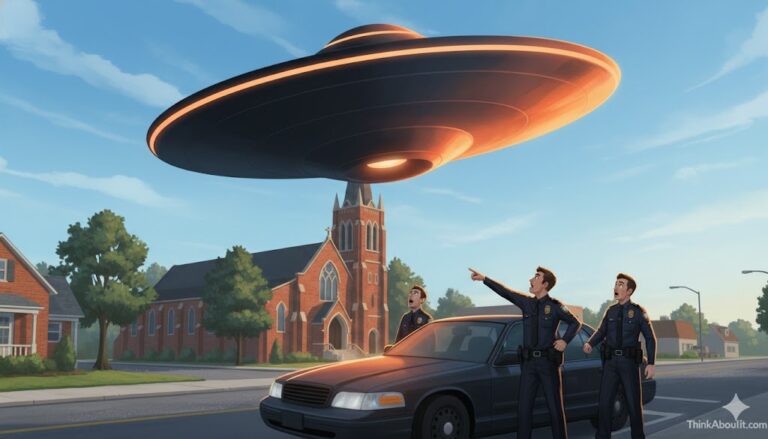 Illustration of three Huntington police officers witnessing a circular UFO hovering over a church steeple in 2003