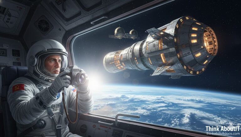 Detailed illustration of a 40-meter metallic UFO shadowing a Soviet cosmonaut in Earth orbit, 1979