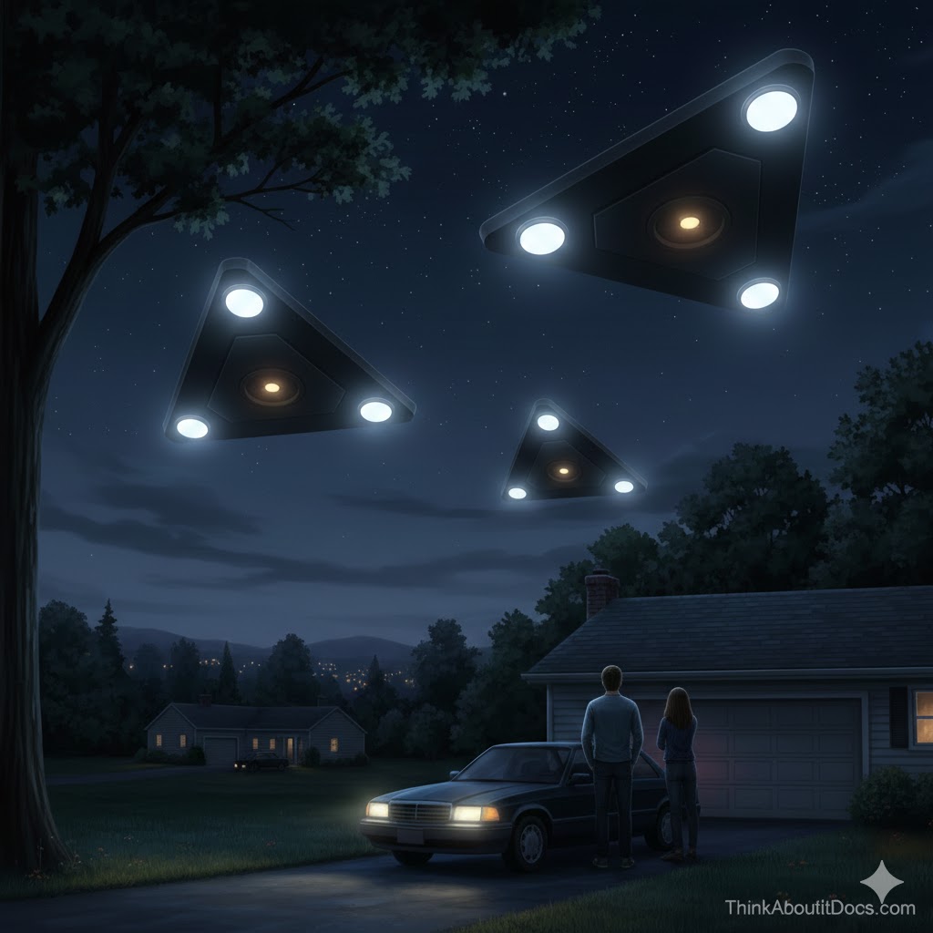 Illustration of witnesses watching three silent black triangle UFOs pass over a driveway in Newtown Square, California, 2000.