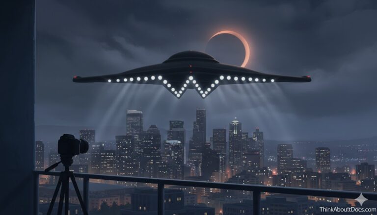 a digital illustration of a triangular craft with many lights gliding over a city skyline (Seattle) under a crescent moon/eclipse.