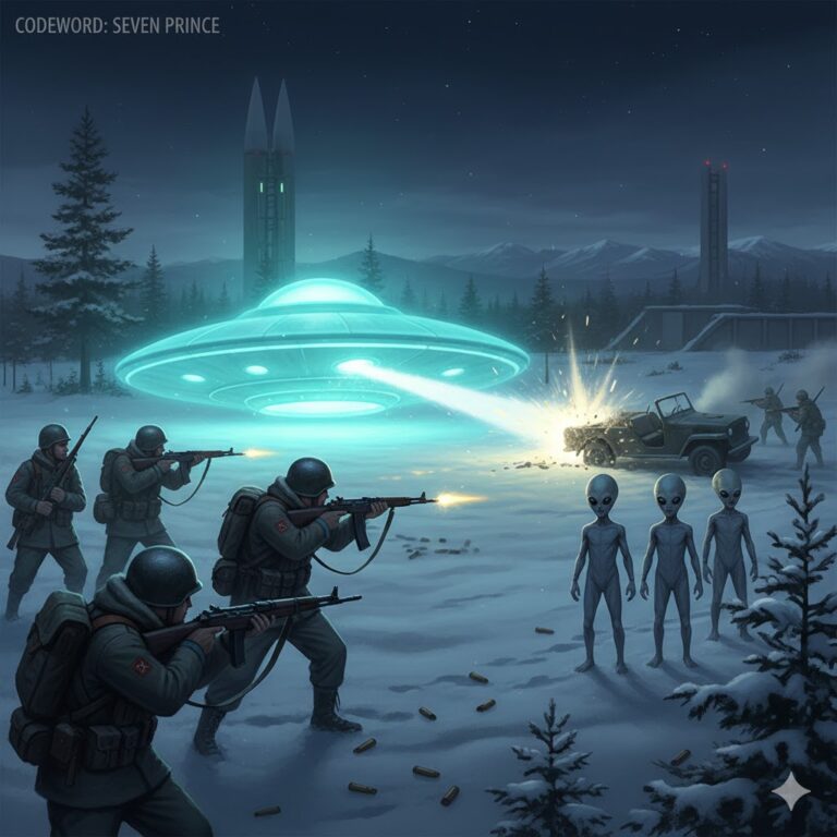 Soviet soldiers confronting a glowing bluish-green UFO and four small occupants near an ICBM site, 1985.