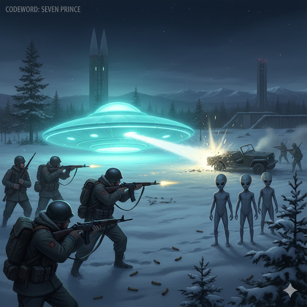 Soviet soldiers confronting a glowing bluish-green UFO and four small occupants near an ICBM site, 1985.