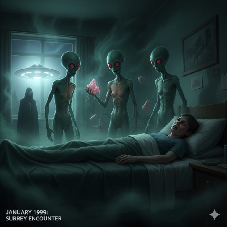 Artistic rendering of a bright hovering UAP and a mysterious entity in Surrey, B.C., representing the January 1999 sightings.