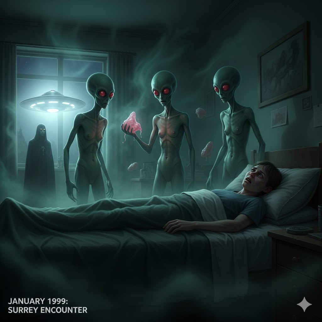 Artistic rendering of a bright hovering UAP and a mysterious entity in Surrey, B.C., representing the January 1999 sightings.