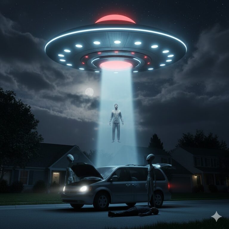 Classic disc-shaped UFO and alien entities in a suburban neighborhood night June 2013