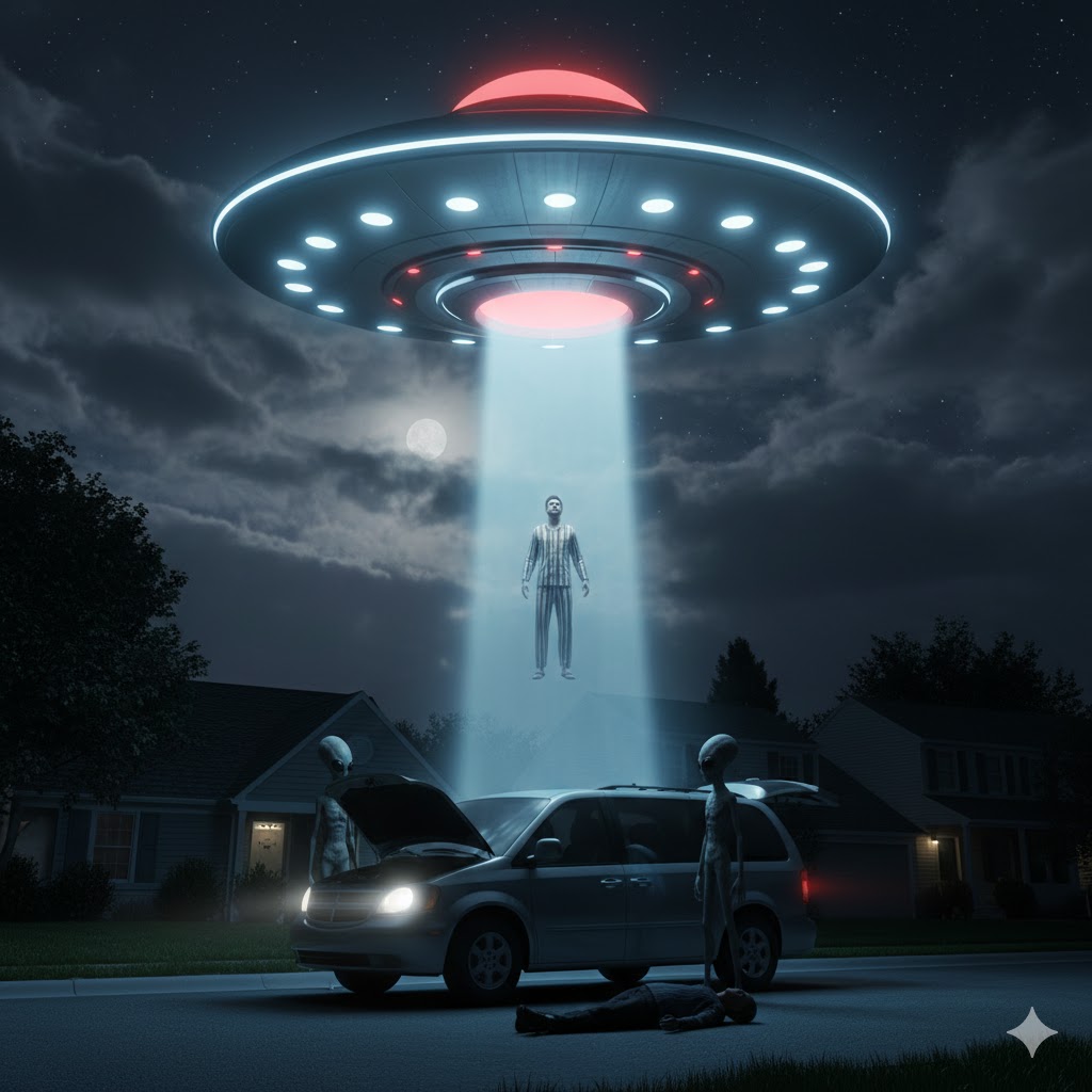 Classic disc-shaped UFO and alien entities in a suburban neighborhood night June 2013