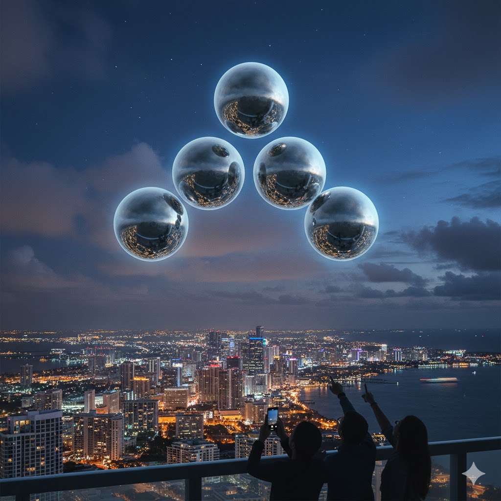 Illustration of silver spherical UAPs in formation over a coastal city during the May 2024 Florida wave.