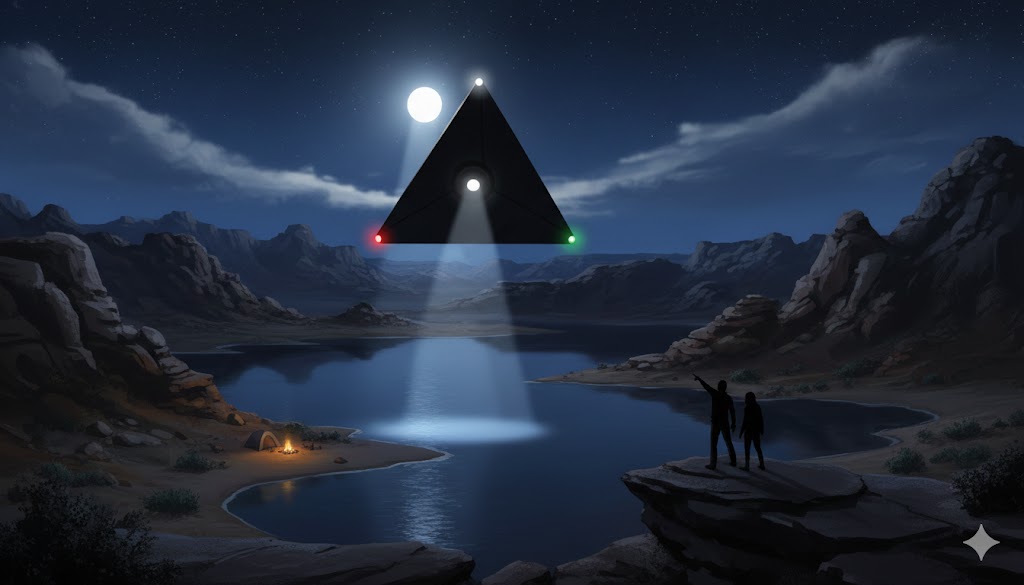 Illustration of a triangular UAP with white, red, and green lights hovering over Lake Powell at night.