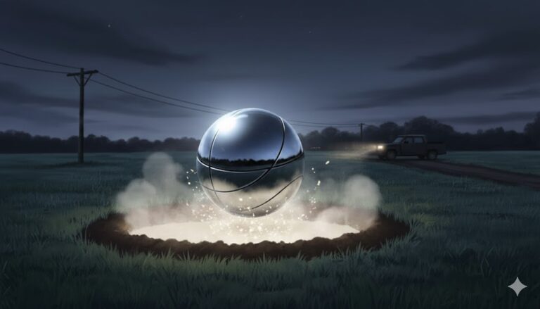 Digital illustration of a metallic chrome, basketball-sized orb hovering over a circular trench in a dark field in Winamac, Indiana, with a truck approaching in the background.