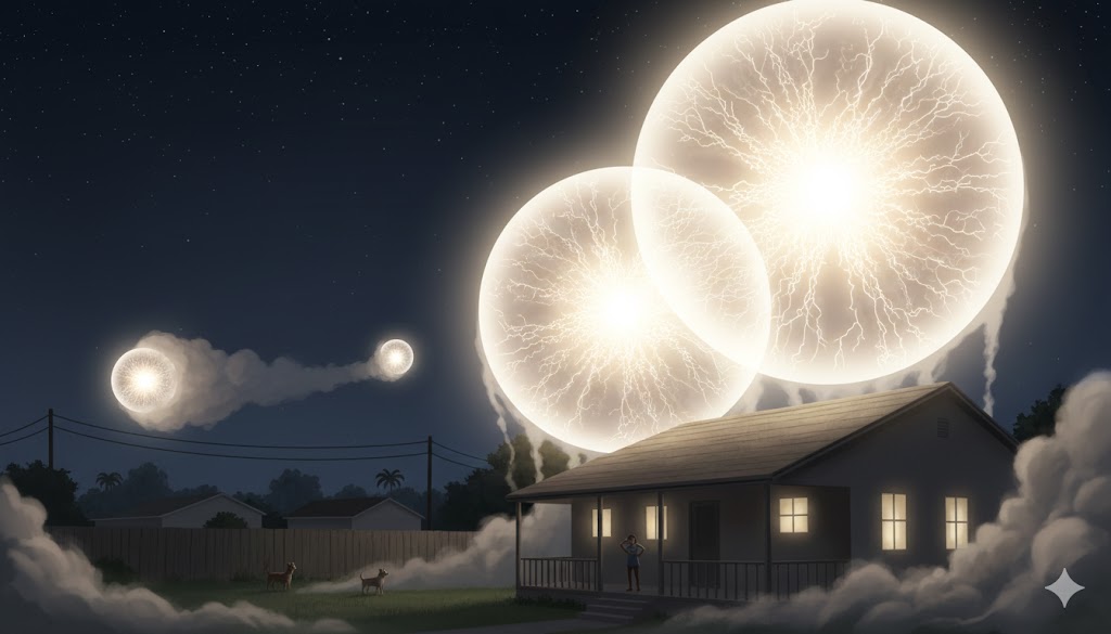 Digital illustration of three giant, glowing white orbs—each 4-5 feet in diameter—hovering just feet above a porch roof and backyard in Melbourne, Florida, with a thick eerie fog surrounding the objects.