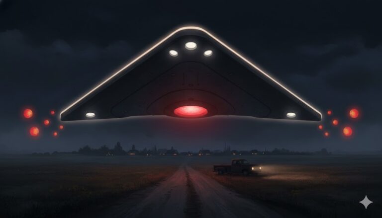 Large chevron-shaped craft with glowing edges hovering over a field in Lindau, Germany.